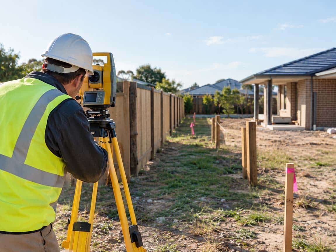 LPD Surveys surveyor measuring a property boundary next to a wooden fence line in WA